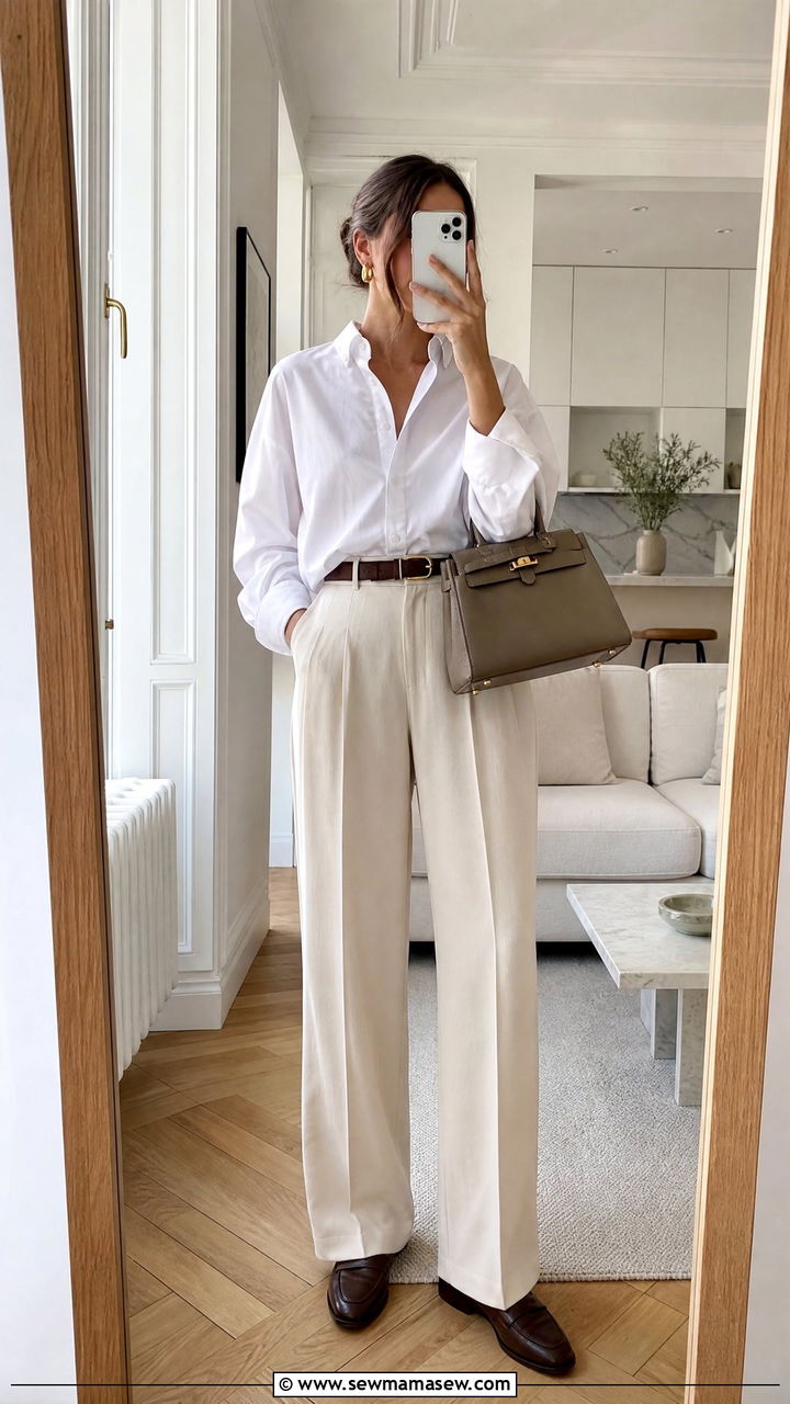 White Button Down Shirt with Wide Leg Trousers and Loafers - 30 French girl outfit ideas minimalist