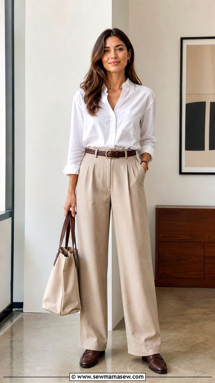 White Button Down Shirt with Wide Leg Trousers and Loafers - 40 classy business casual outfits