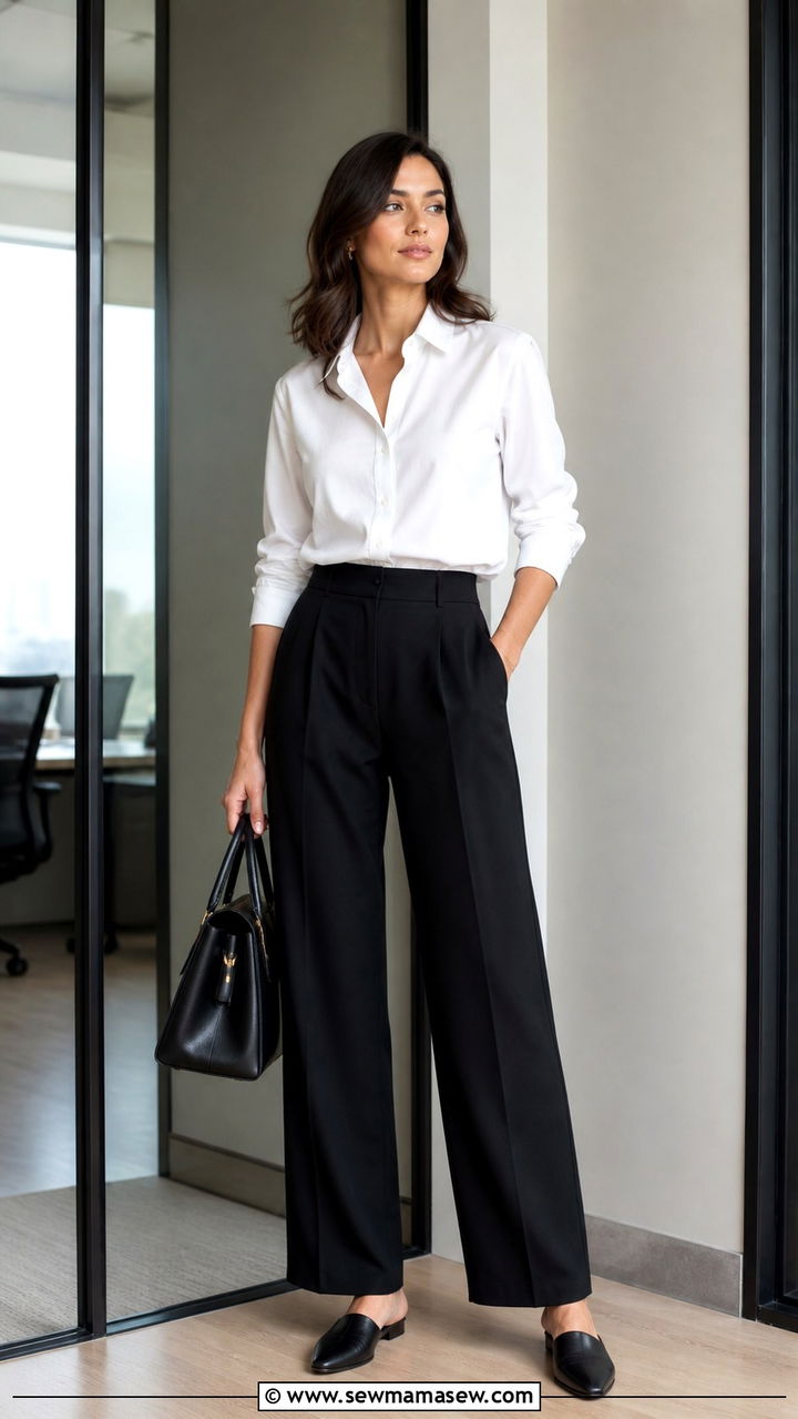 White Button Down Shirt with Wide Leg Trousers - 40 parisian outfits for women