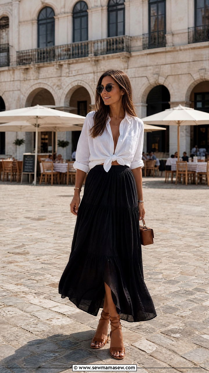 White Button Down Tied At Waist With Maxi Skirt Summer Outfit - 30 Summer outfits with button down