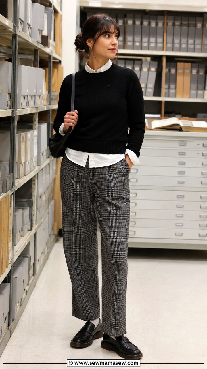 White Button Down Under a Black Sweater With Plaid Trousers - 20 dark academia outfits to copy