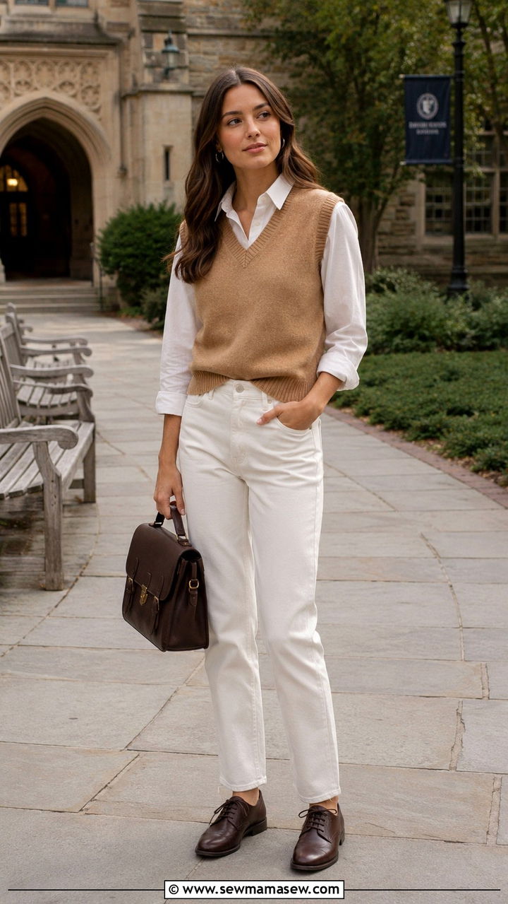 White Button Down Under a Sweater Vest with White Jeans - 25 White jeans outfit ideas with a button down