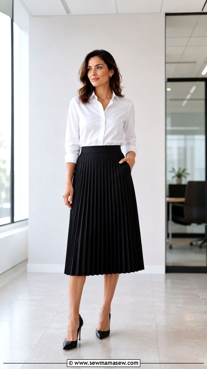 White Button Down With Black Pleated Midi Skirt And Pointed Heels - 30 Pleated skirt outfit ideas with a button down