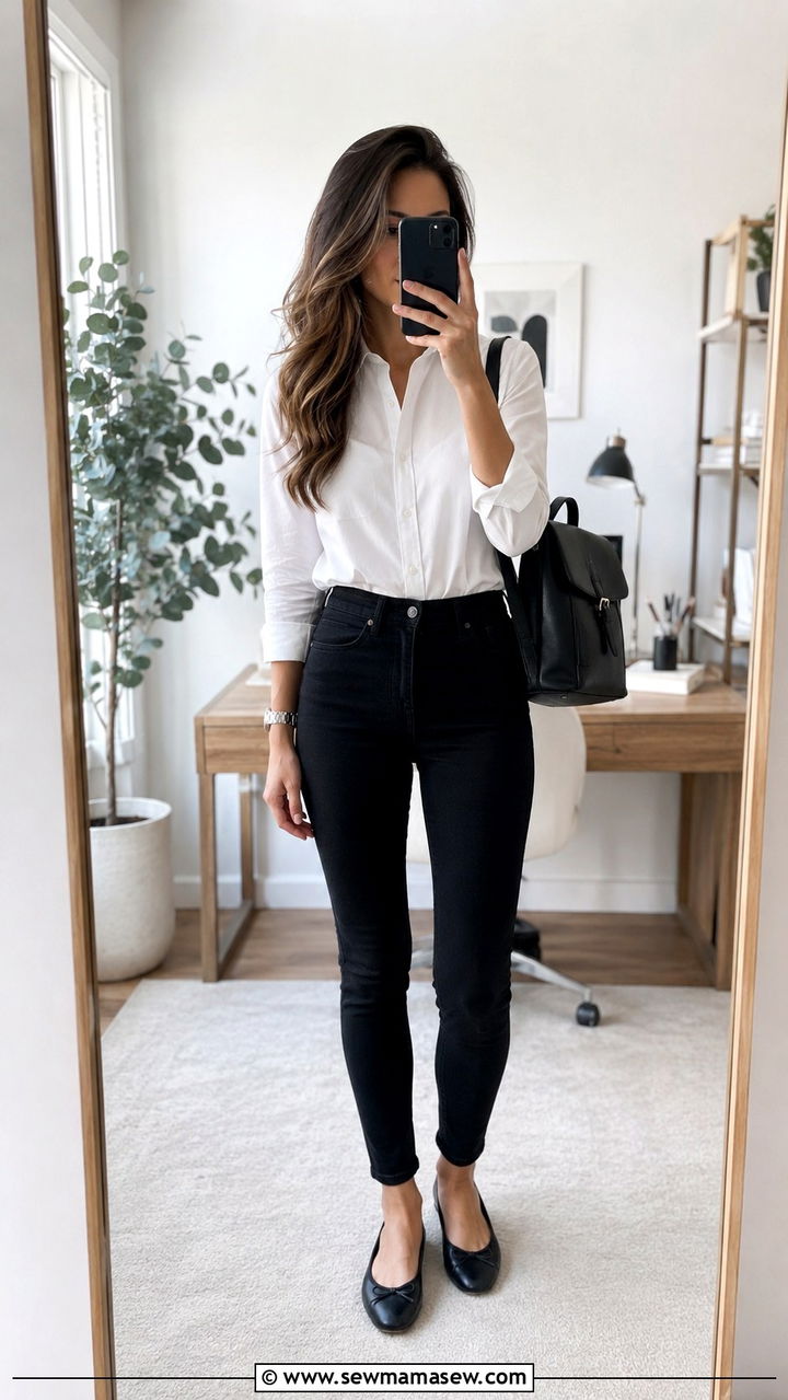 White Button Down With Black Skinny Jeans and Ballet Flats Outfit - 25 Work outfits for startup