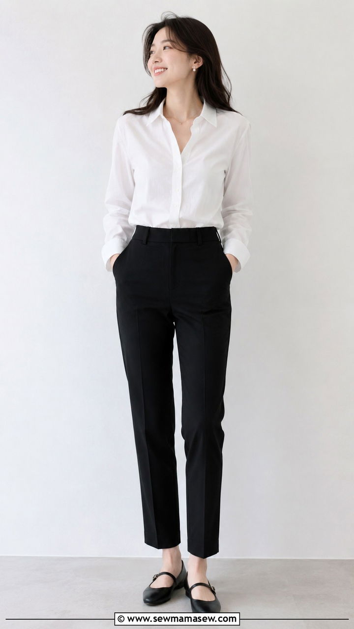 White Button Down With Black Trousers And Mary Jane Flats - 30 Mild weather outfit ideas