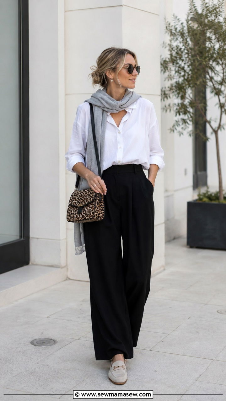 White Button Down With Black Wide Leg Pants - 30 spring midsize outfit ideas