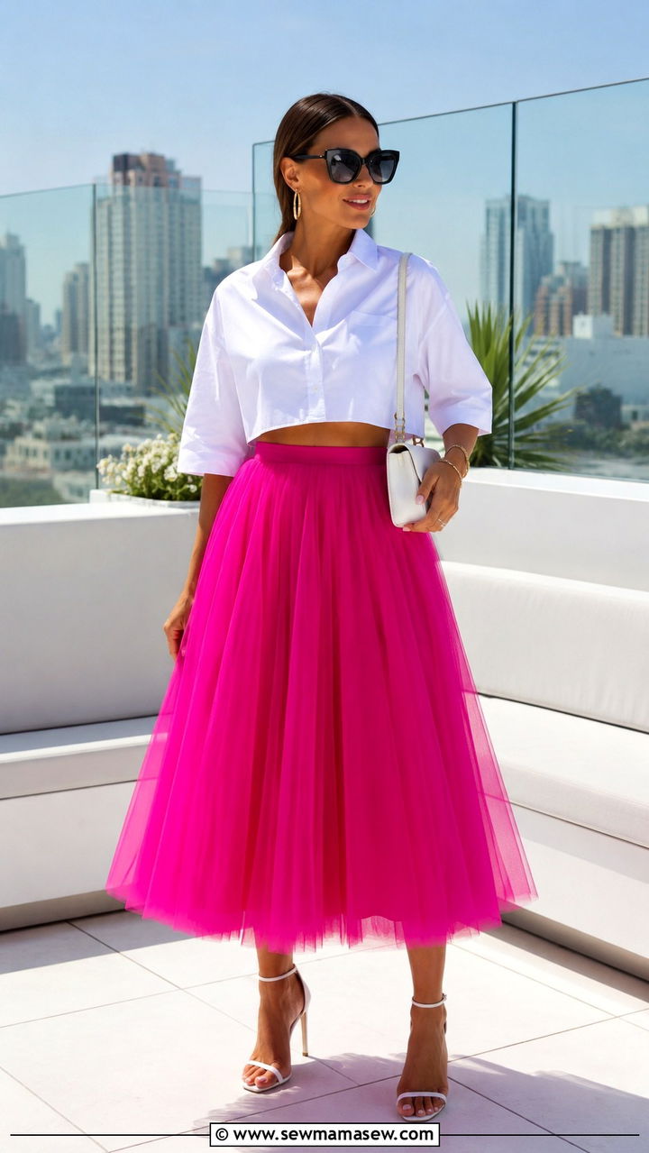 White Button Down With Blazer And Navy Tulle Skirt - 20 Tulle skirt outfit ideas with a button down