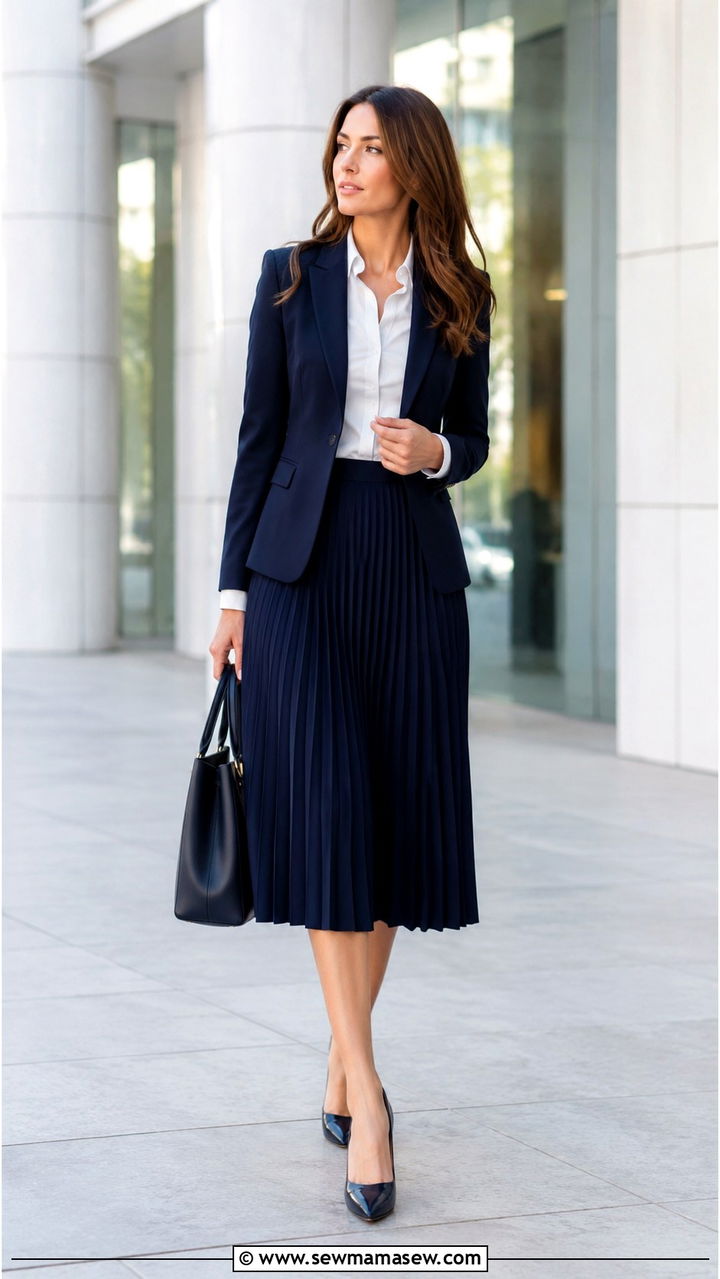 White Button Down With Blazer And Pleated Midi Skirt And Pumps - 30 Pleated skirt outfit ideas with a button down