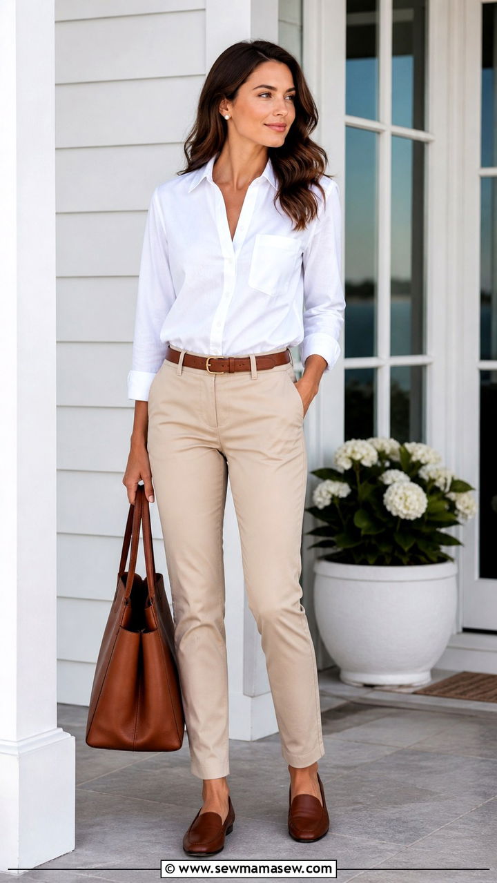 White Button Down With Chinos And Leather Belt - 20 coastal grandmother outfits aesthetic