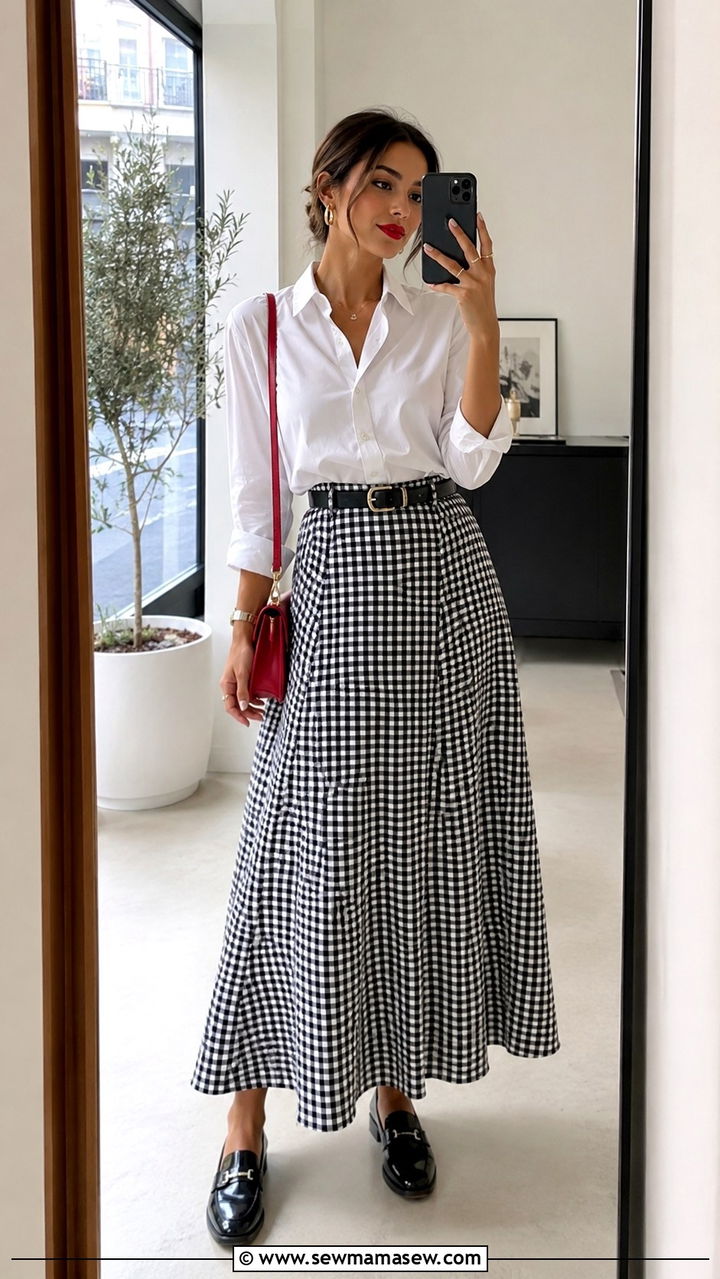 White Button Down With Gingham Maxi Skirt - 30 Maxi skirt outfit ideas with a button down