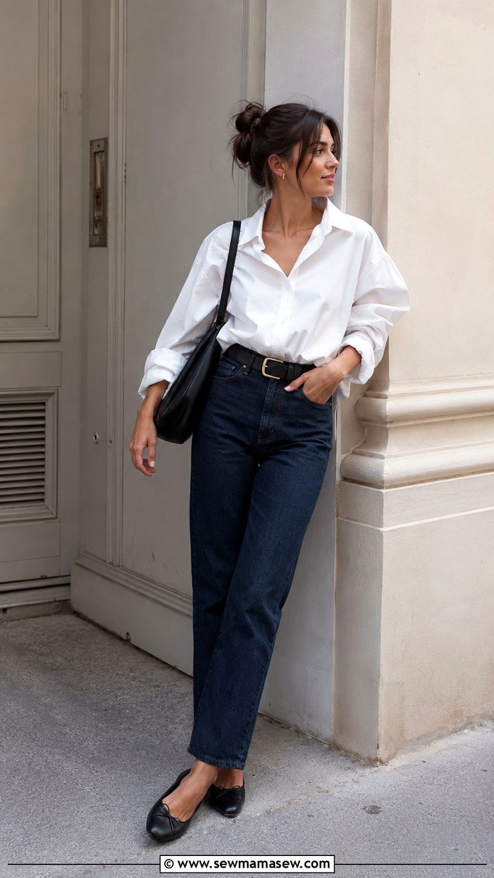 White Button Down With High Waist Dark Denim - 25 Ageless outfit ideas 2026