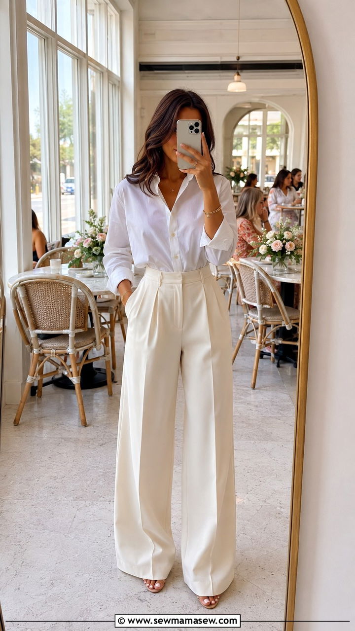 White Button Down With High Waist Trousers - 30 chic bridal shower outfits for women