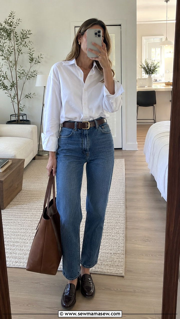 White Button Down With High Waisted Jeans - 30 Chill spring outfit ideas