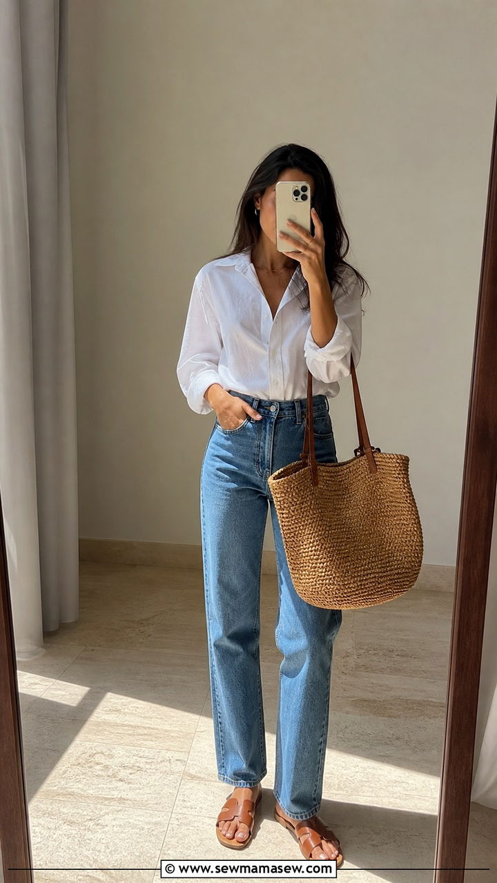 White Button Down With High Waisted Straight Jeans and Woven Bag - 40 French girl outfits ideas