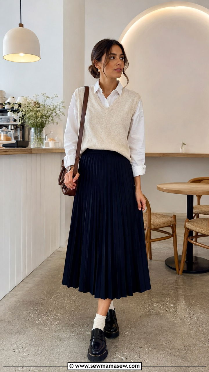 White Button Down With Knit Vest Over Pleated Midi Skirt - 30 casual preppy outfits