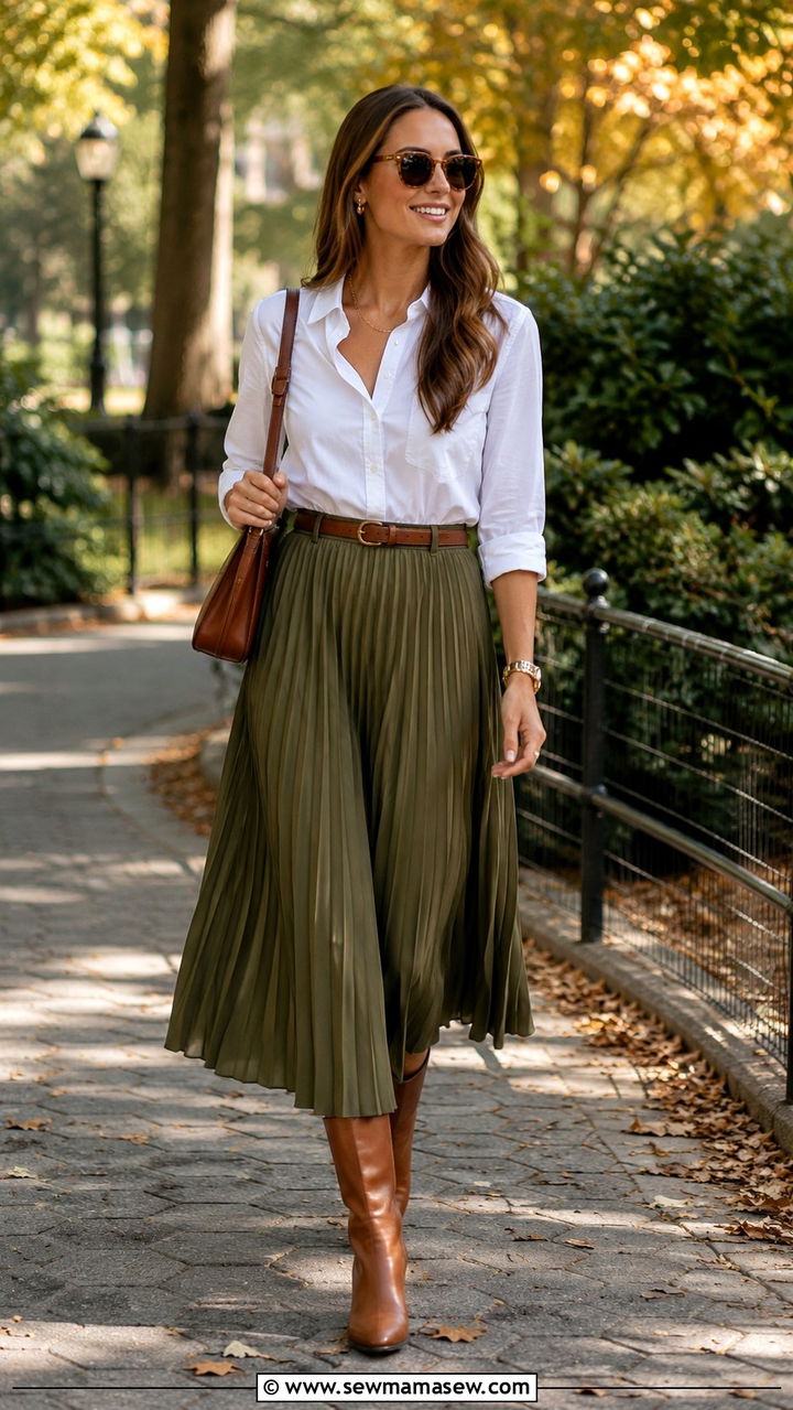 White Button Down With Olive Pleated Midi Skirt And Brown Leather Accessories - 30 Pleated skirt outfit ideas with a button down