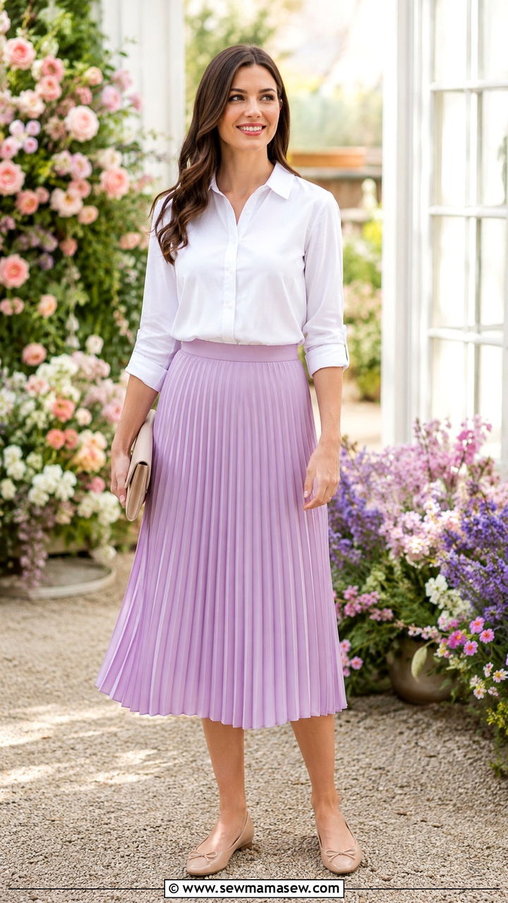 White Button Down With Pastel Pleated Midi Skirt And Ballet Flats - 30 Pleated skirt outfit ideas with a button down