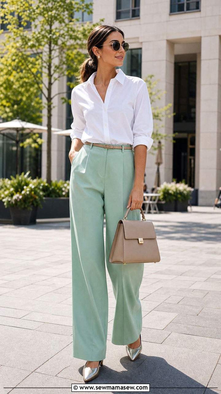 White Button Down With Pastel Wide Leg Trousers Outfit - 25 spring warm weather outfit ideas
