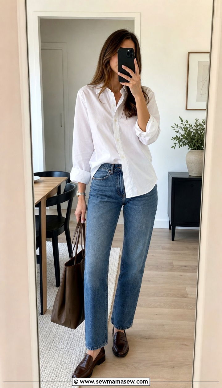 White Button Down With Straight Leg Jeans - 25 spring outfits 2026 women inspo