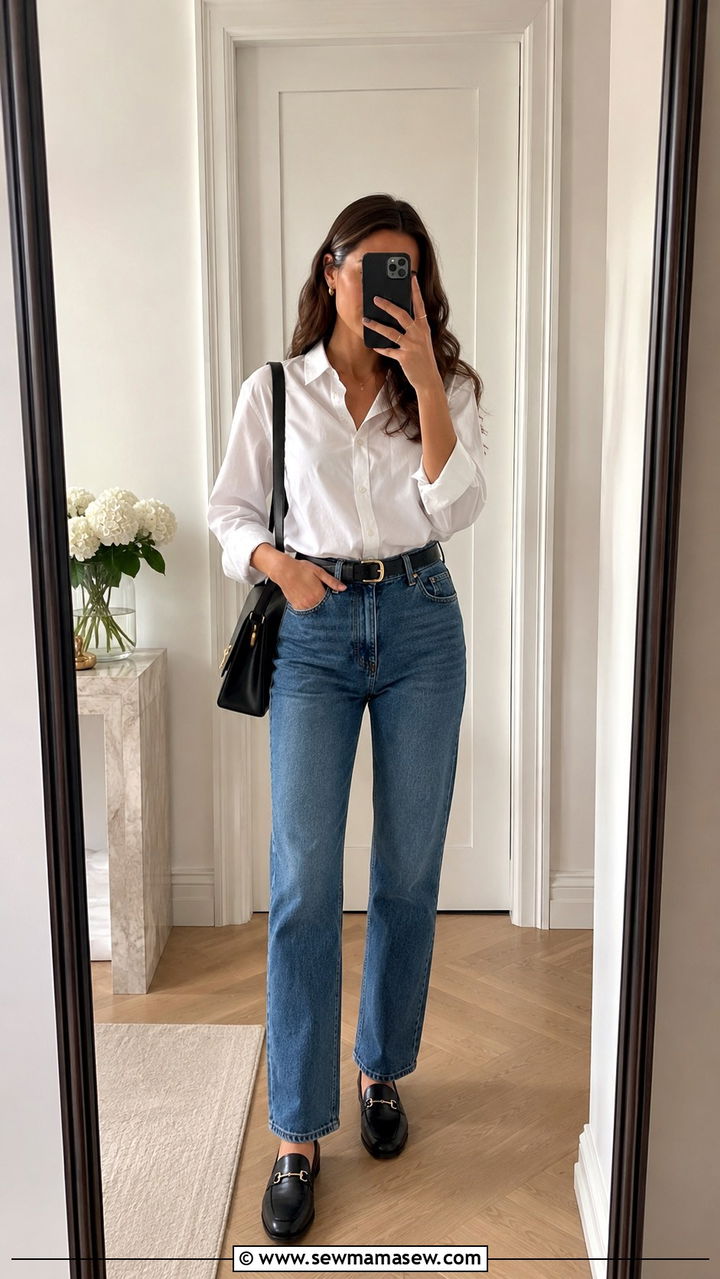 White Button Down With Straight Leg Jeans - 30 Rich mom outfit ideas 2026