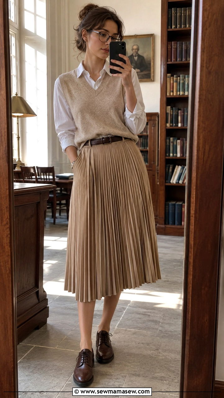 White Button Down With Sweater Vest And Pleated Midi Skirt - 30 light academia outfits inspo