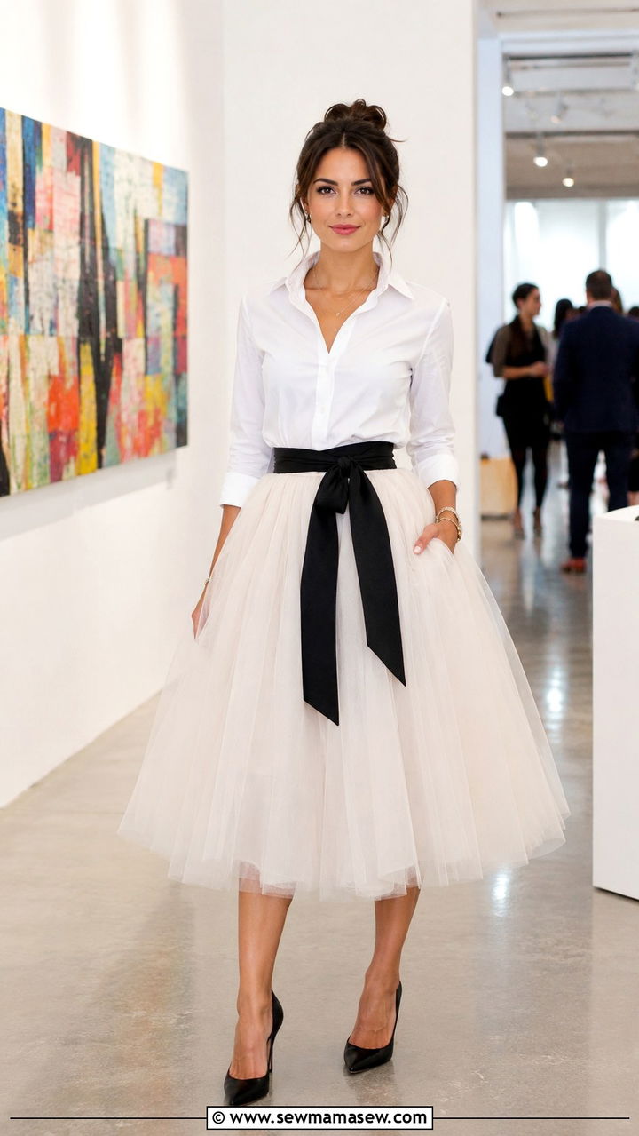 White Button Down With Tulle Midi Skirt - 30 Midi skirt outfit ideas with a button down