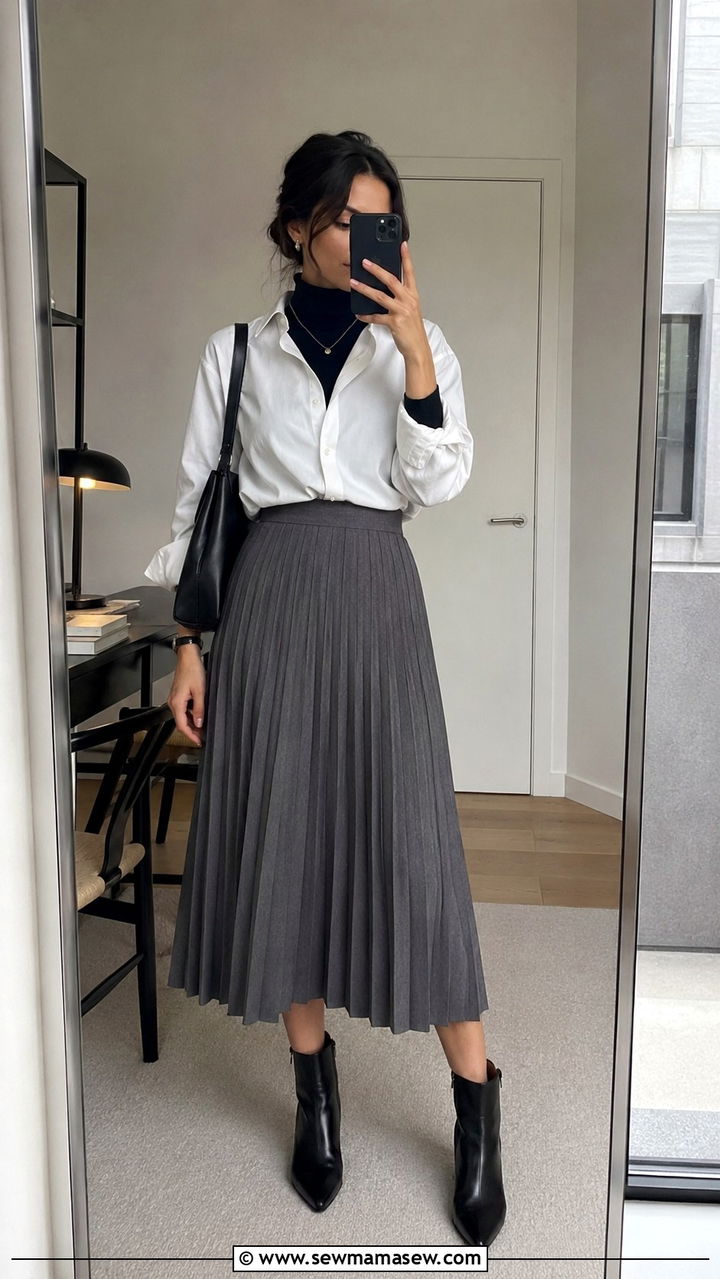 White Button Down With Turtleneck Underneath And Pleated Midi Skirt And Ankle Boots - 30 Pleated skirt outfit ideas with a button down