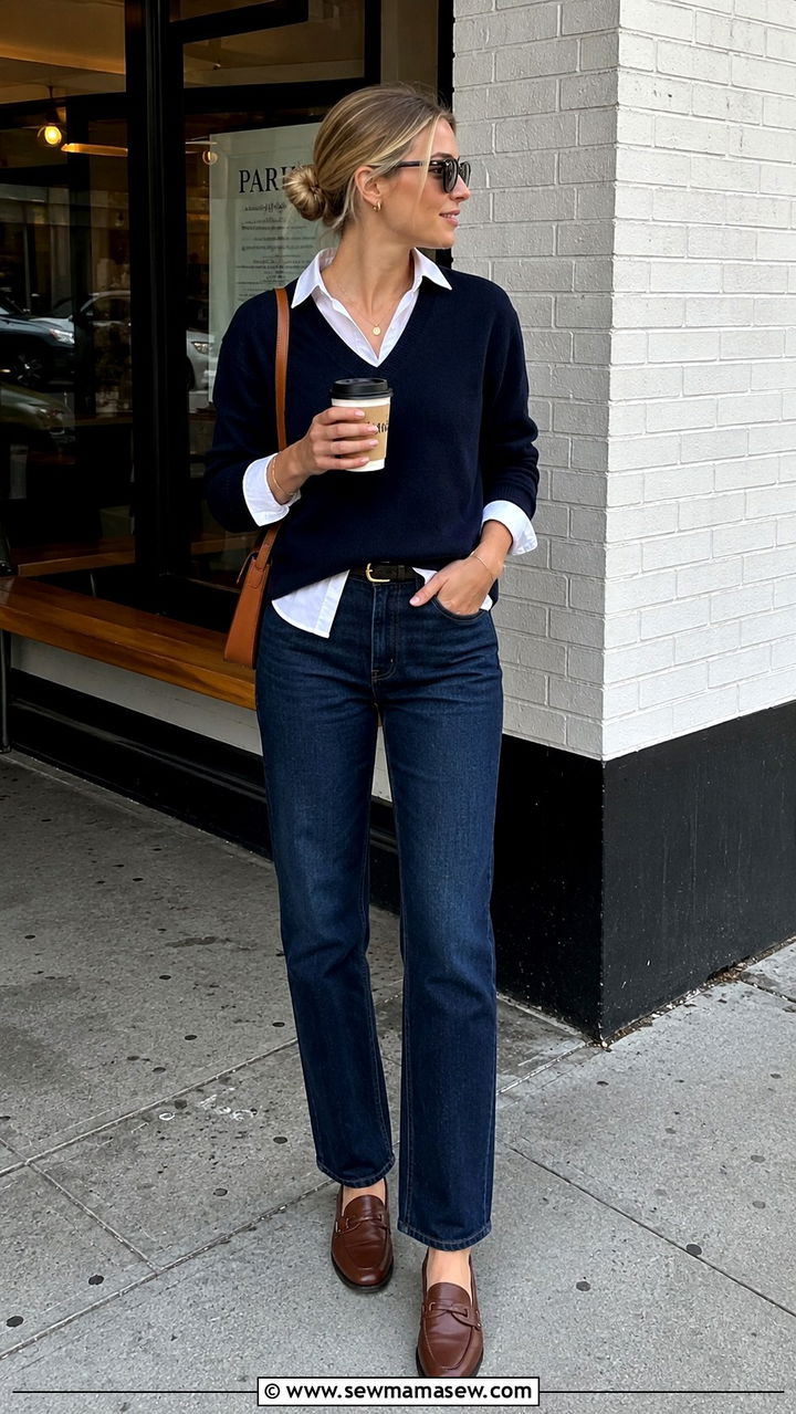 White Button Down With V Neck Sweater And Dark Wash Jeans - 30 preppy outfit ideas for women