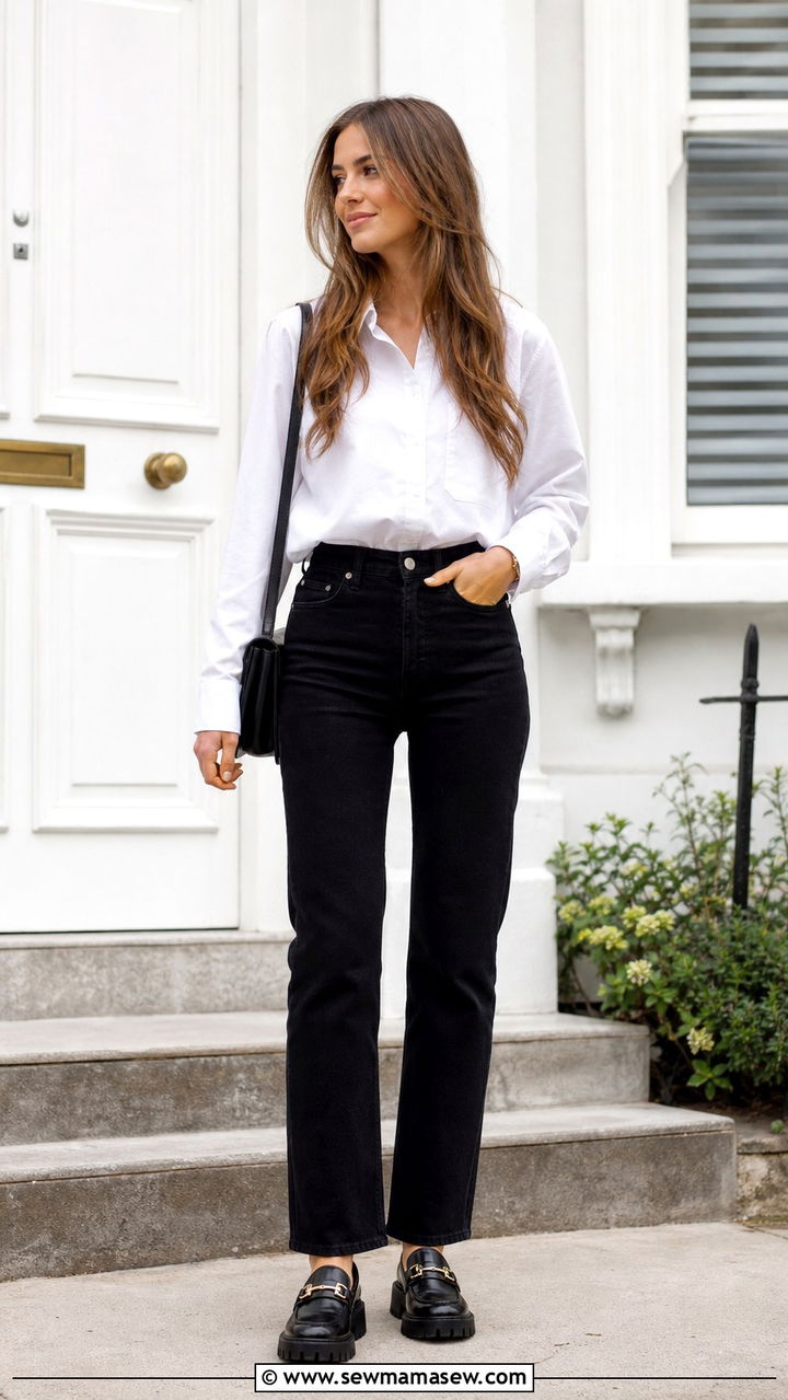 White Button Down and Black Jeans With Loafers - 40 casual black jeans outfits