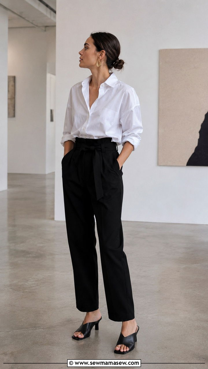 White Button Down and Black Paperbag Waist Pants With Mules - 20 Photography exhibit outfit ideas