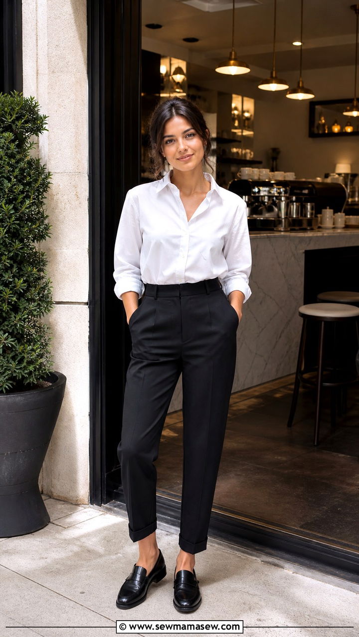 White Button Down and Black Trousers Barista Outfit - 20 Barista outfit ideas