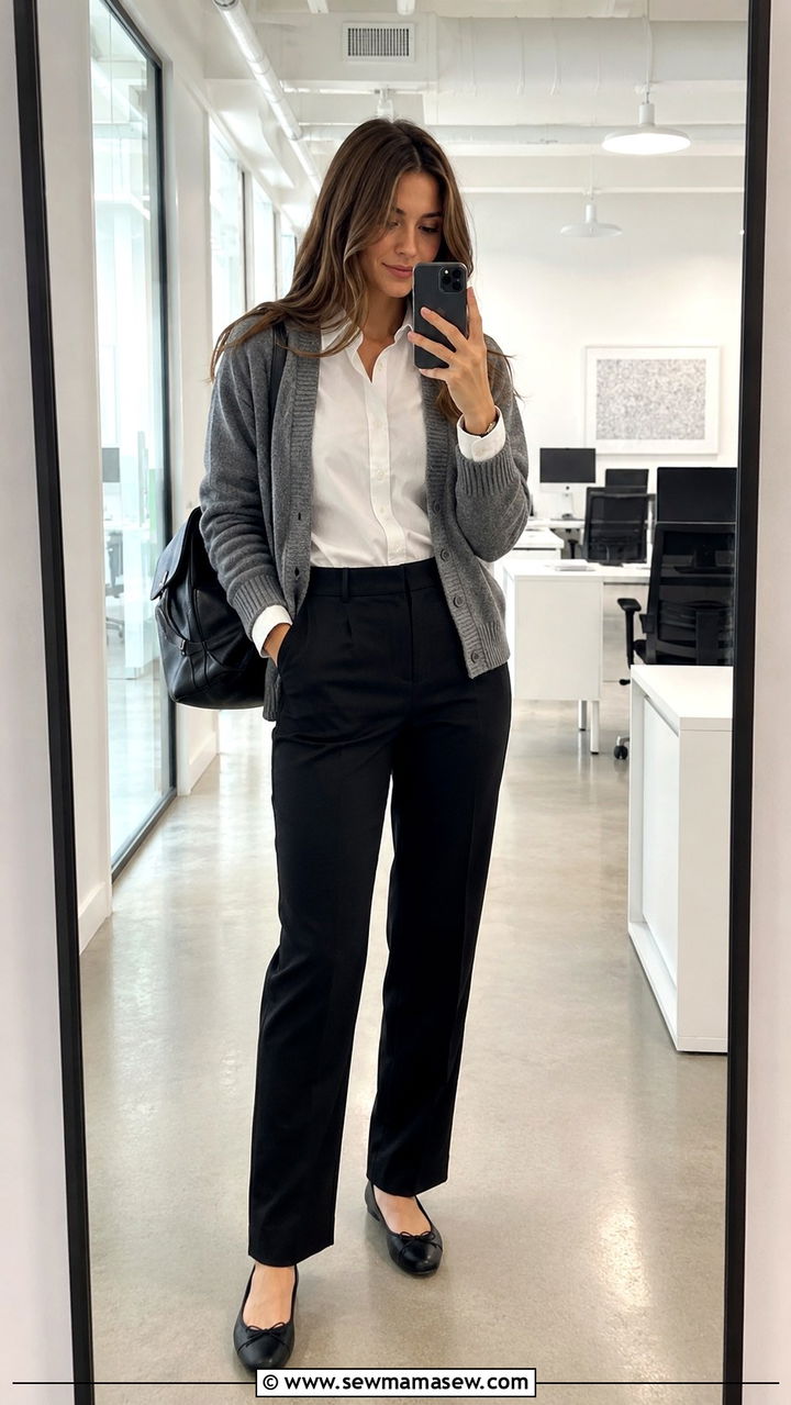 White Button Down and Black Trousers with Ballet Flats Outfit - 25 Researcher outfit ideas