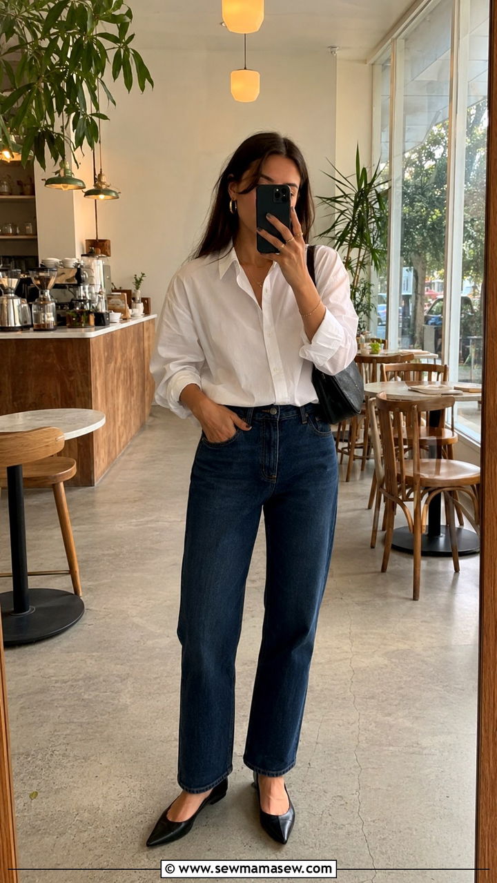 White Button Down and Dark Wash Jeans for Photoshoot - 25 Photoshoot outfits for midsize women