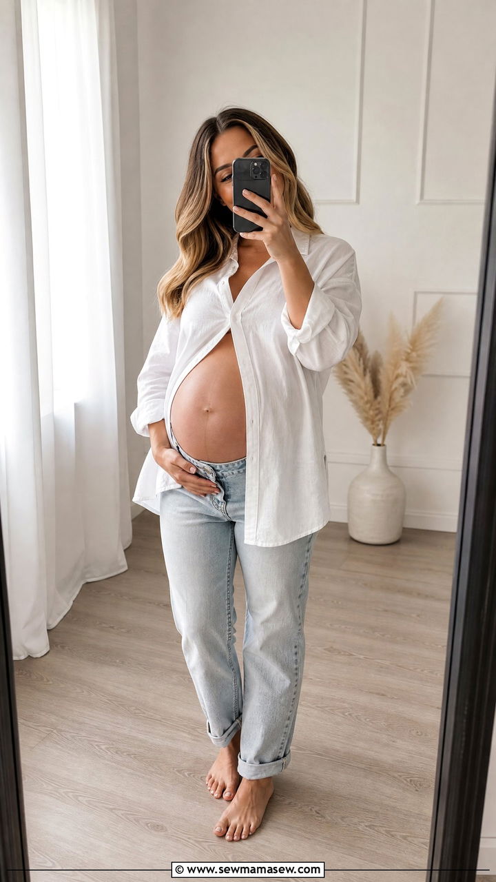White Button Down and Jeans Maternity Photo Outfit - 25 Summer maternity photo outfits