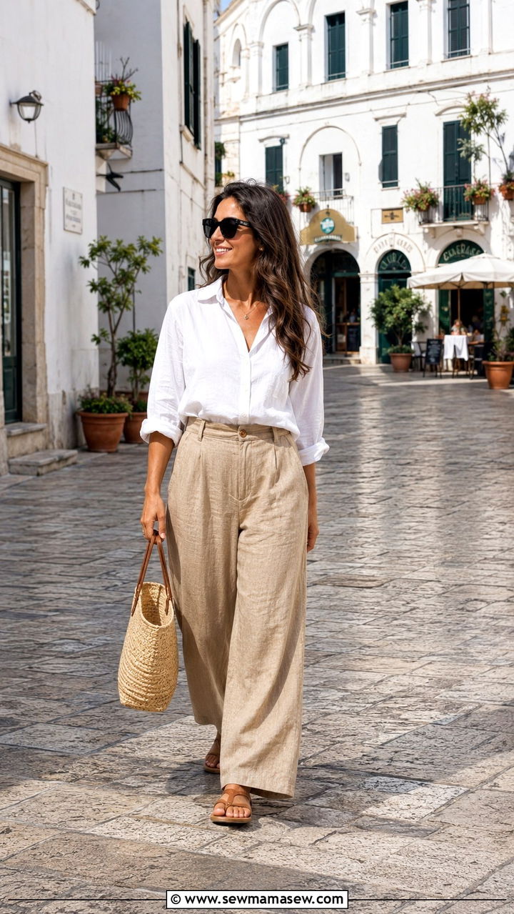 White Button Down and Linen Wide Leg Pants - 20 Spring Europe packing outfits