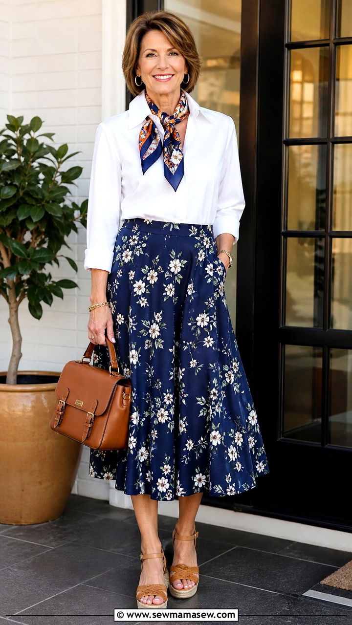 White Button Down and Navy Floral Midi Skirt - 40 Summer outfit ideas for women over 50 2026