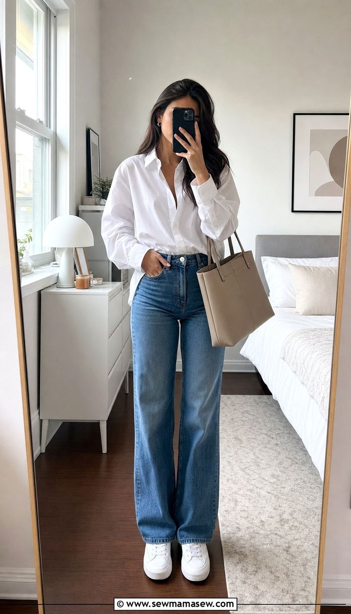 White Button Down and Straight Leg Jeans - 25 Clean girl outfit ideas for school