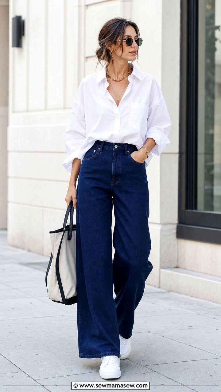White Button Down and Wide Leg Jeans Outfit - 25 errands outfits inspo