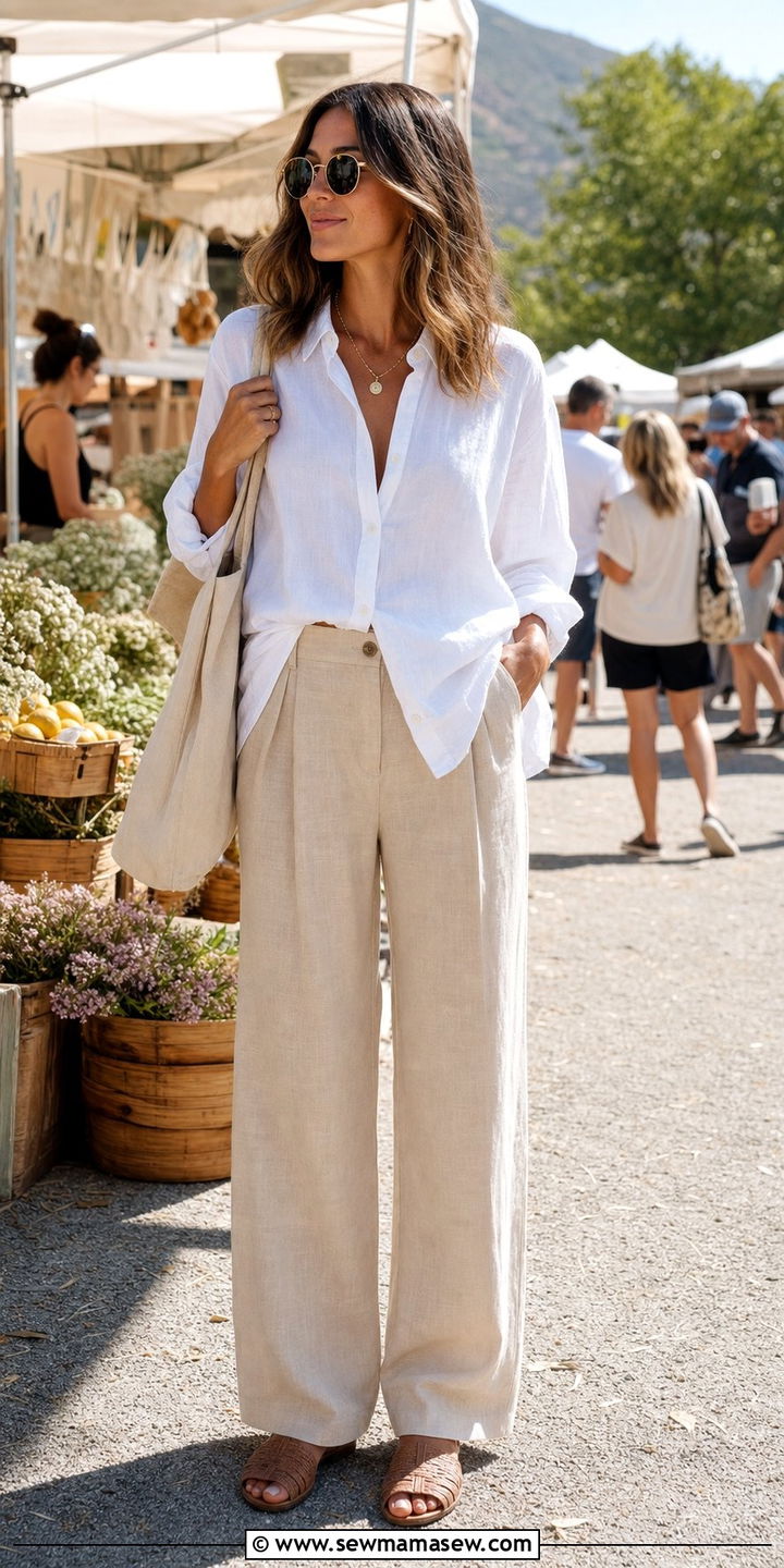 White Button Down and Wide Leg Linen Pants Outfit - 25 errands outfits Pinterest