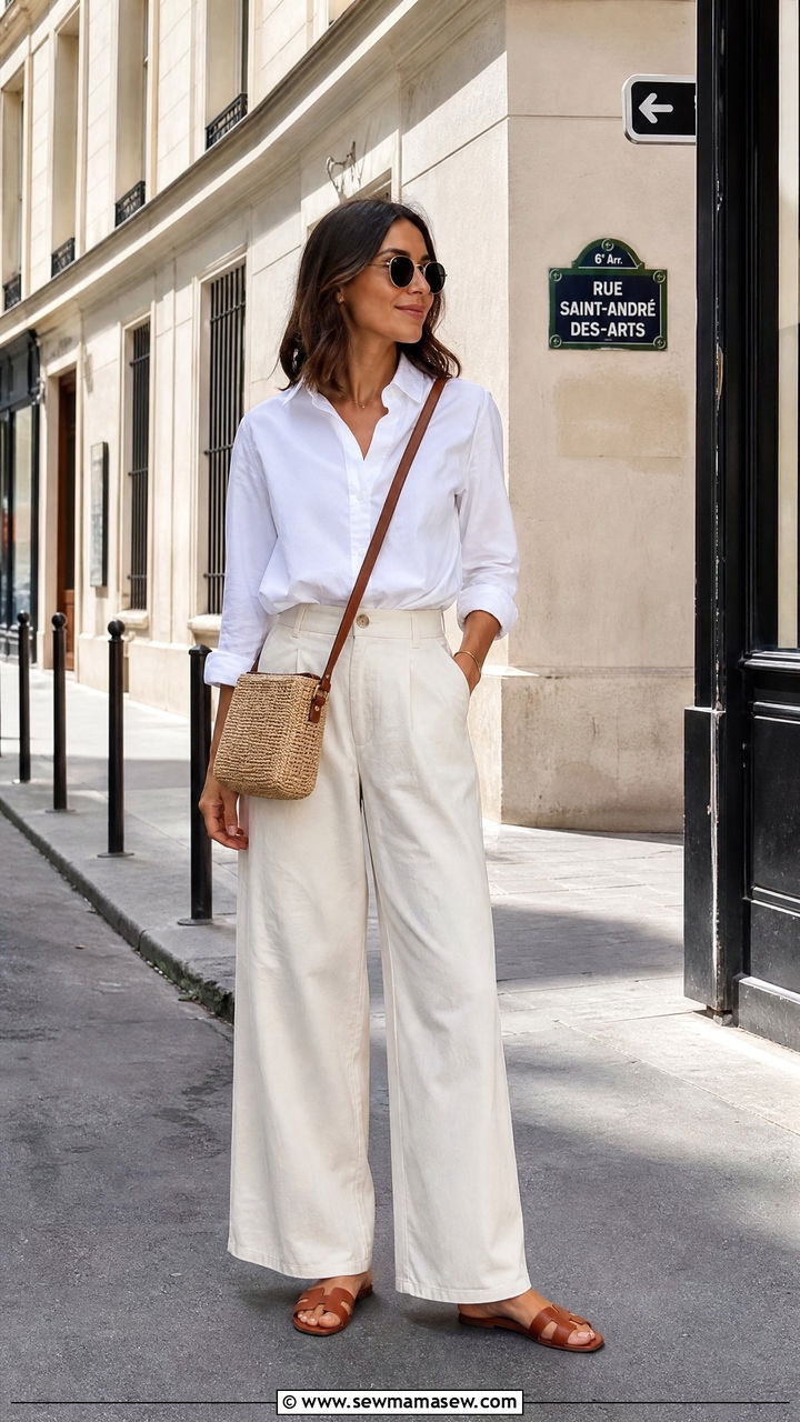 White Button Down and Wide Leg Trousers Outfit - 25 casual Europe travel outfits