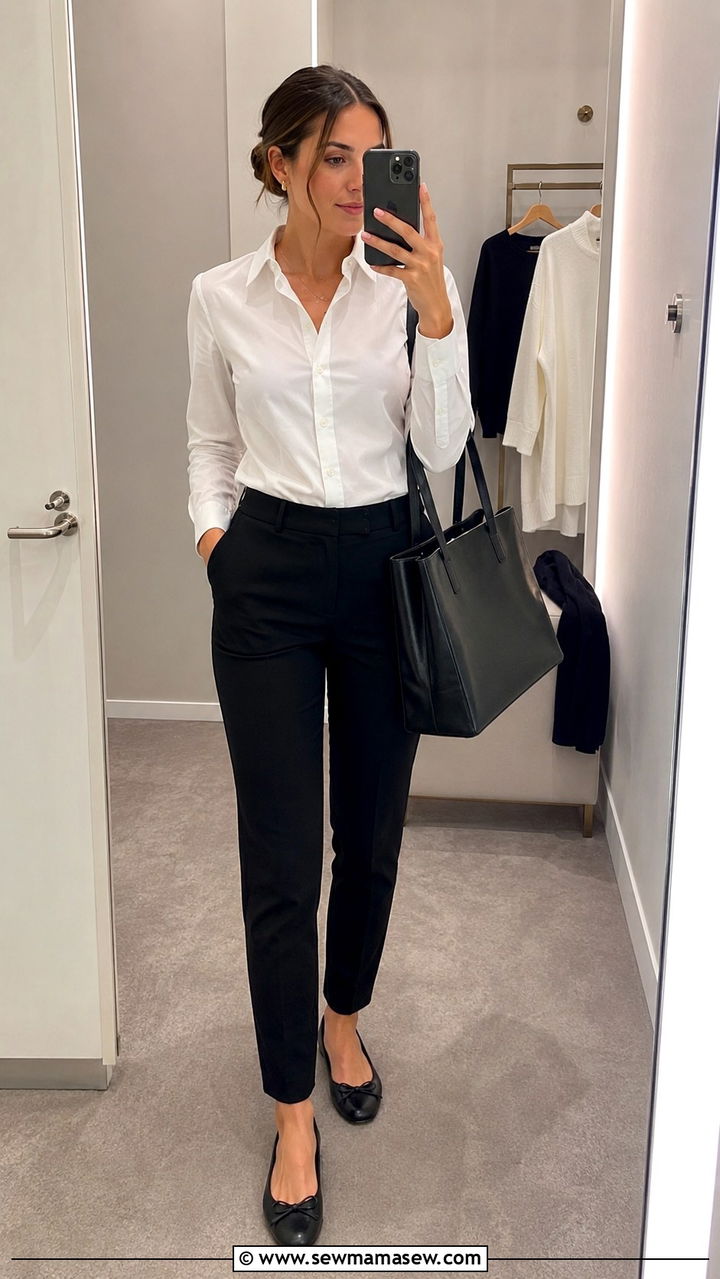 White Button Down with Black Tailored Trousers Outfit - 30 Retail work outfit ideas