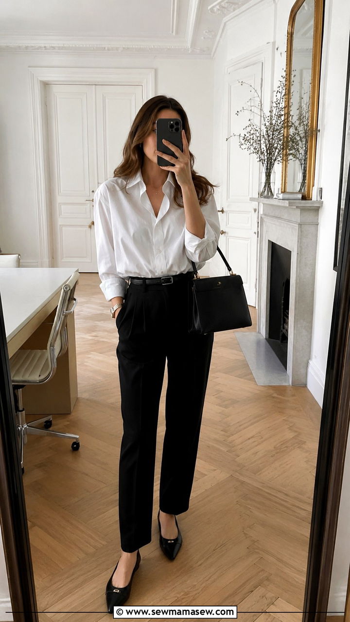 White Button Down with Black Tailored Trousers and Pointed Flats - 30 Parisian street style outfit ideas
