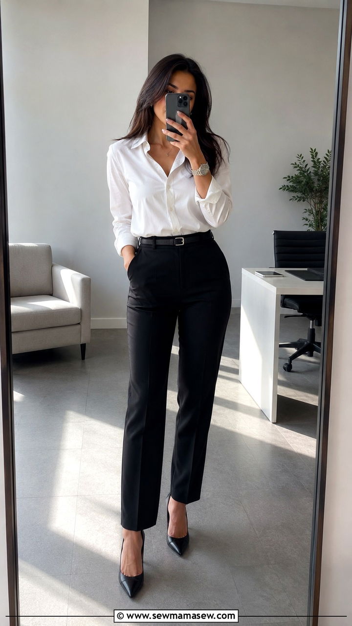 White Button Down with Black Trousers Office - 25 Work outfit ideas for Tuesday