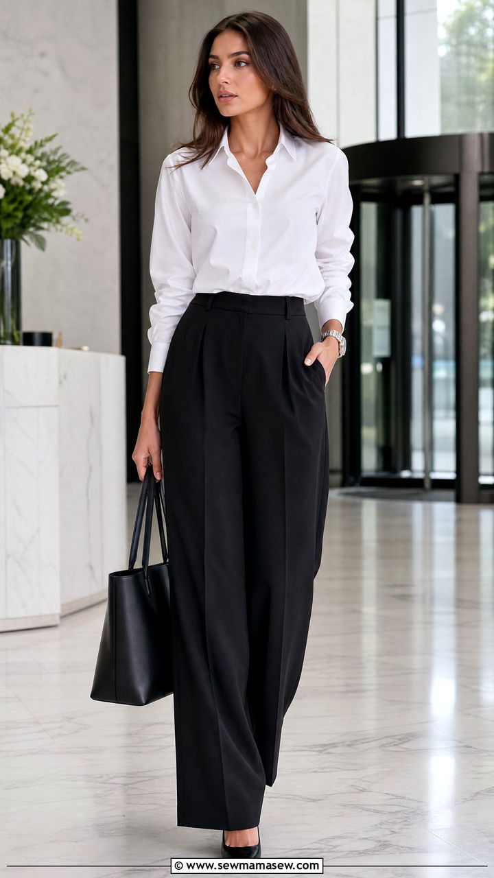 White Button Down with Black Wide Leg Trousers - 25 Wide leg trousers outfit ideas with a button down