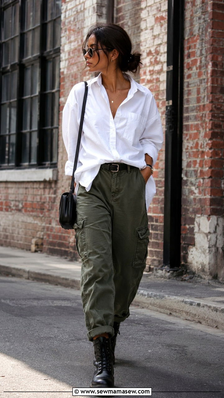White Button Down with Cargo Pants and Combat Boots - 30 casual white button down shirt outfits