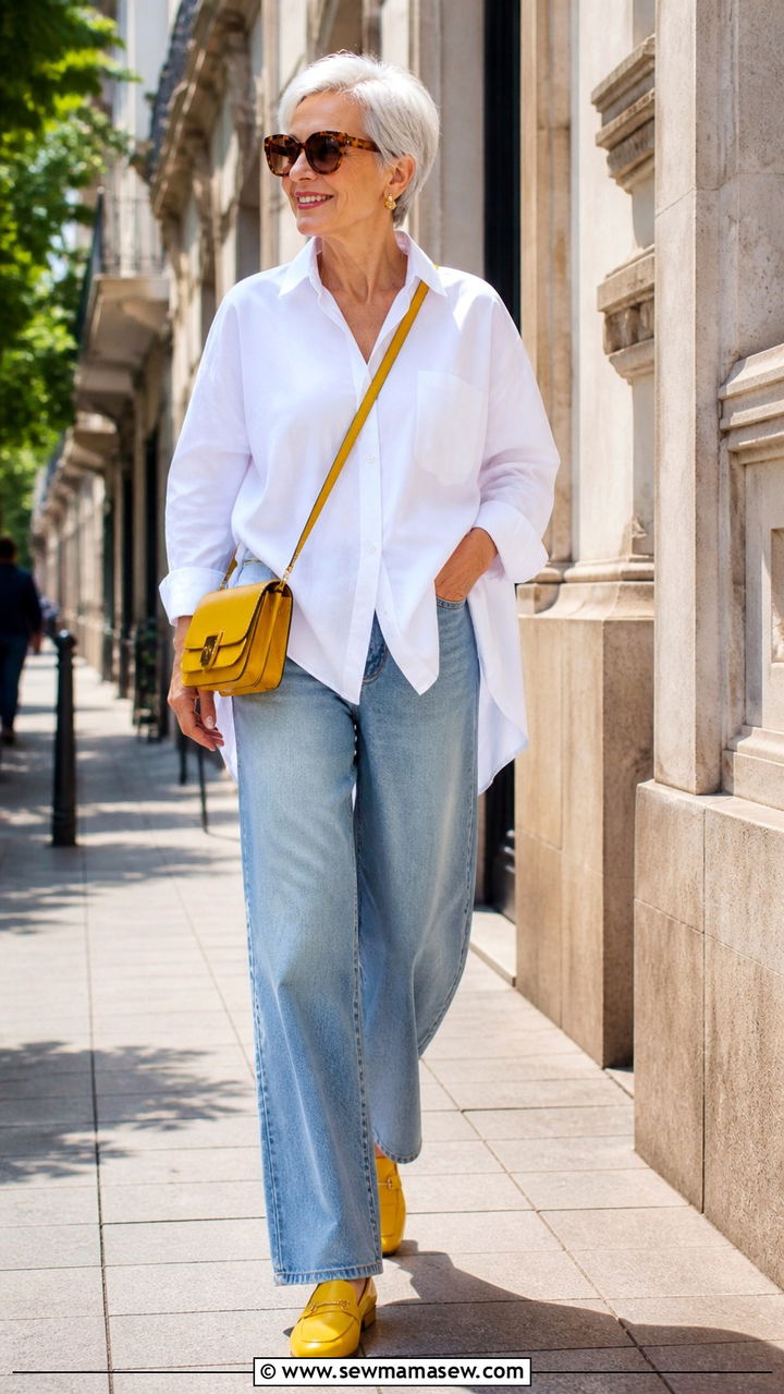 White Button Down with Colorful Accessories - 40 Spring outfit ideas for women over 60 2026
