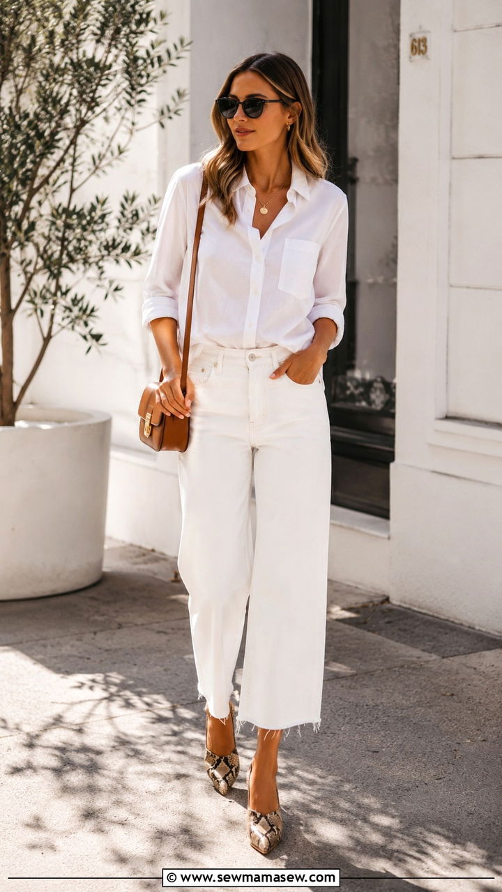 White Button Down with Cropped White Jeans - 25 White jeans outfit ideas with a button down