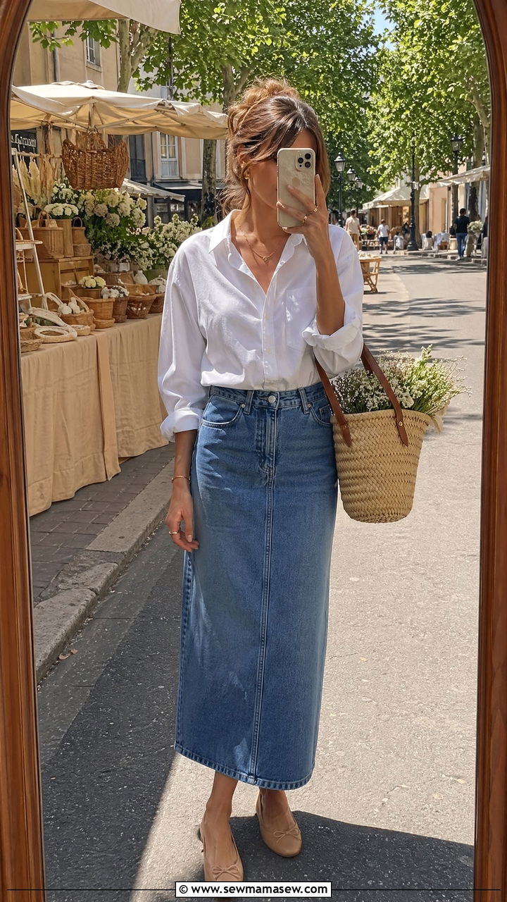 White Button Down with Denim Skirt and Ballet Flats - 35 french girl outfits for women