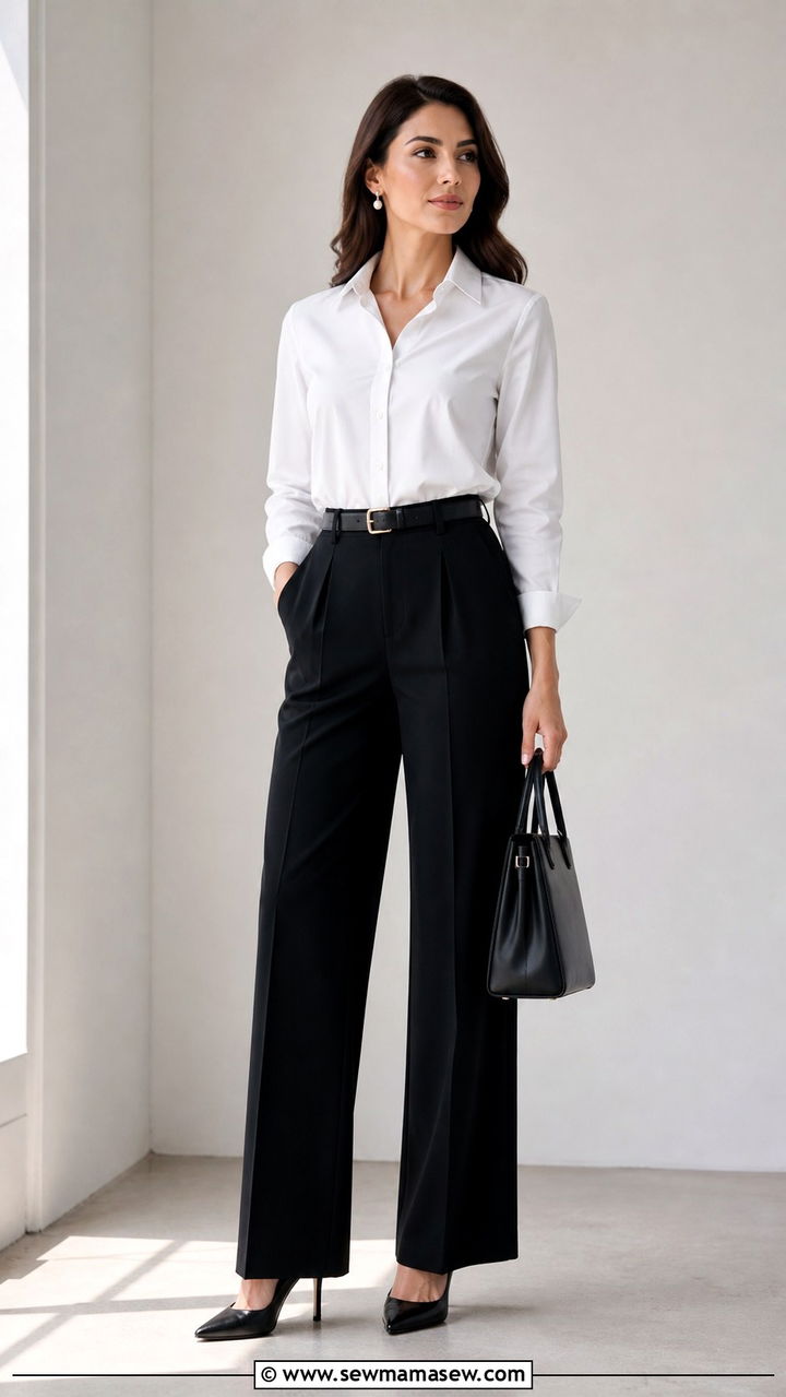 White Button Down with High Waisted Trousers - 40 Spring work outfits