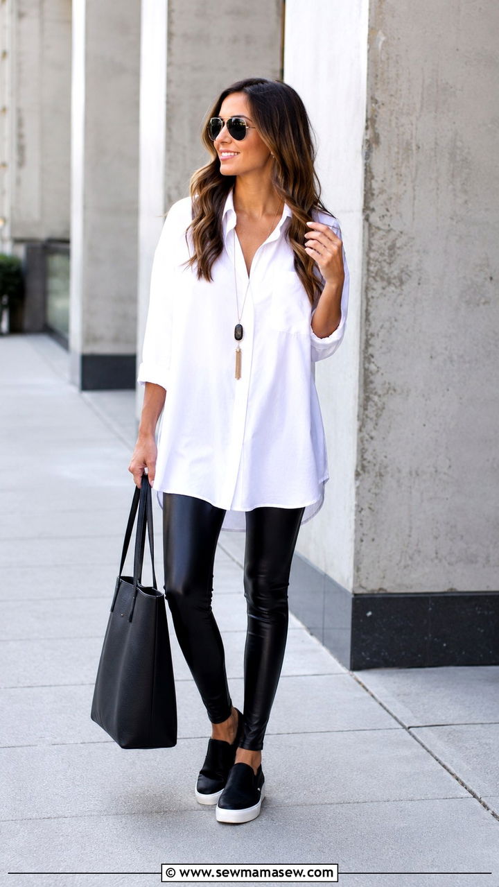 White Button Down with Leather Leggings and Slip On Sneakers - 30 casual white button down shirt outfits